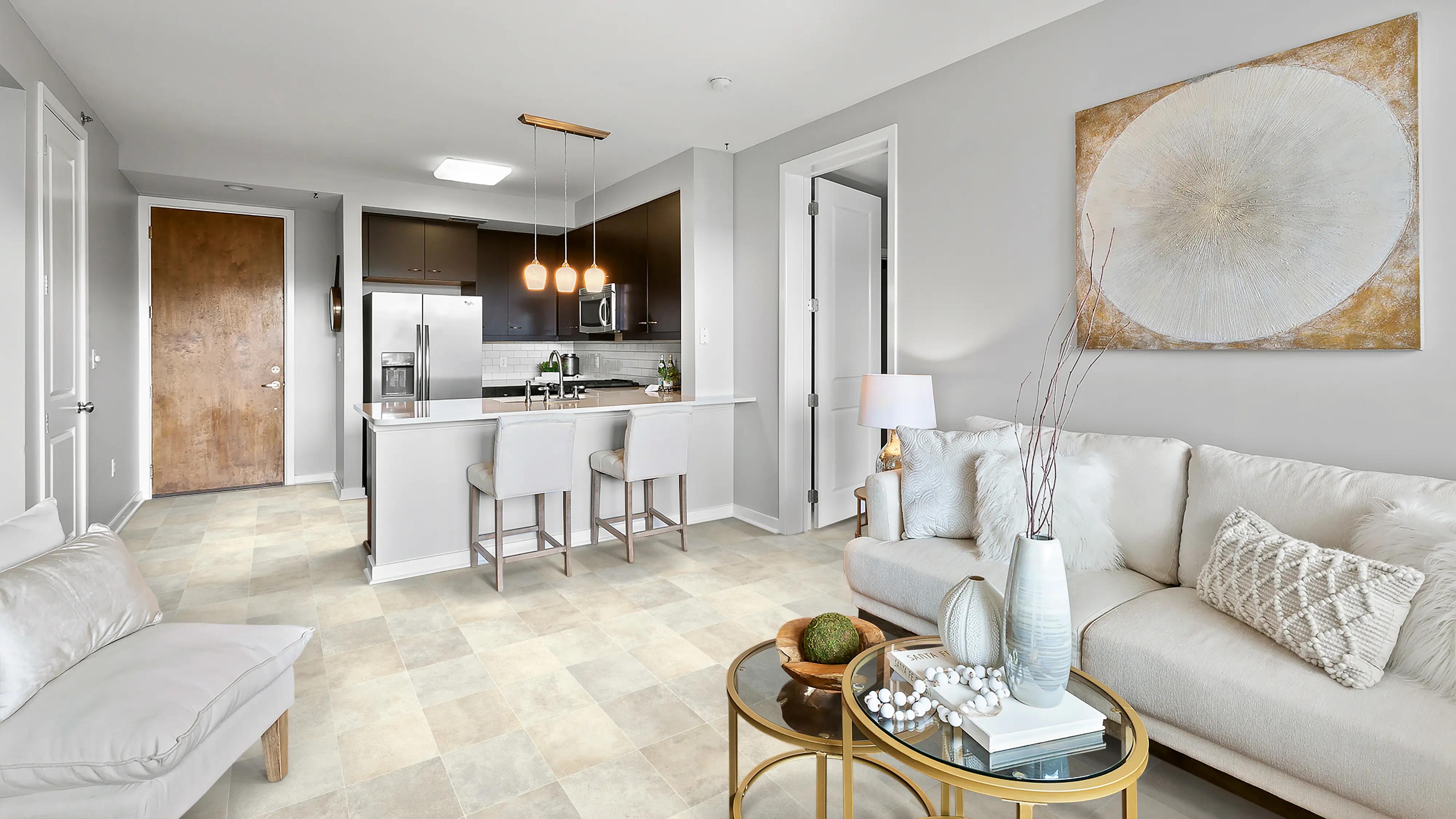 An apartment with Beauflor US luxury vinyl roll flooring in linen 127l