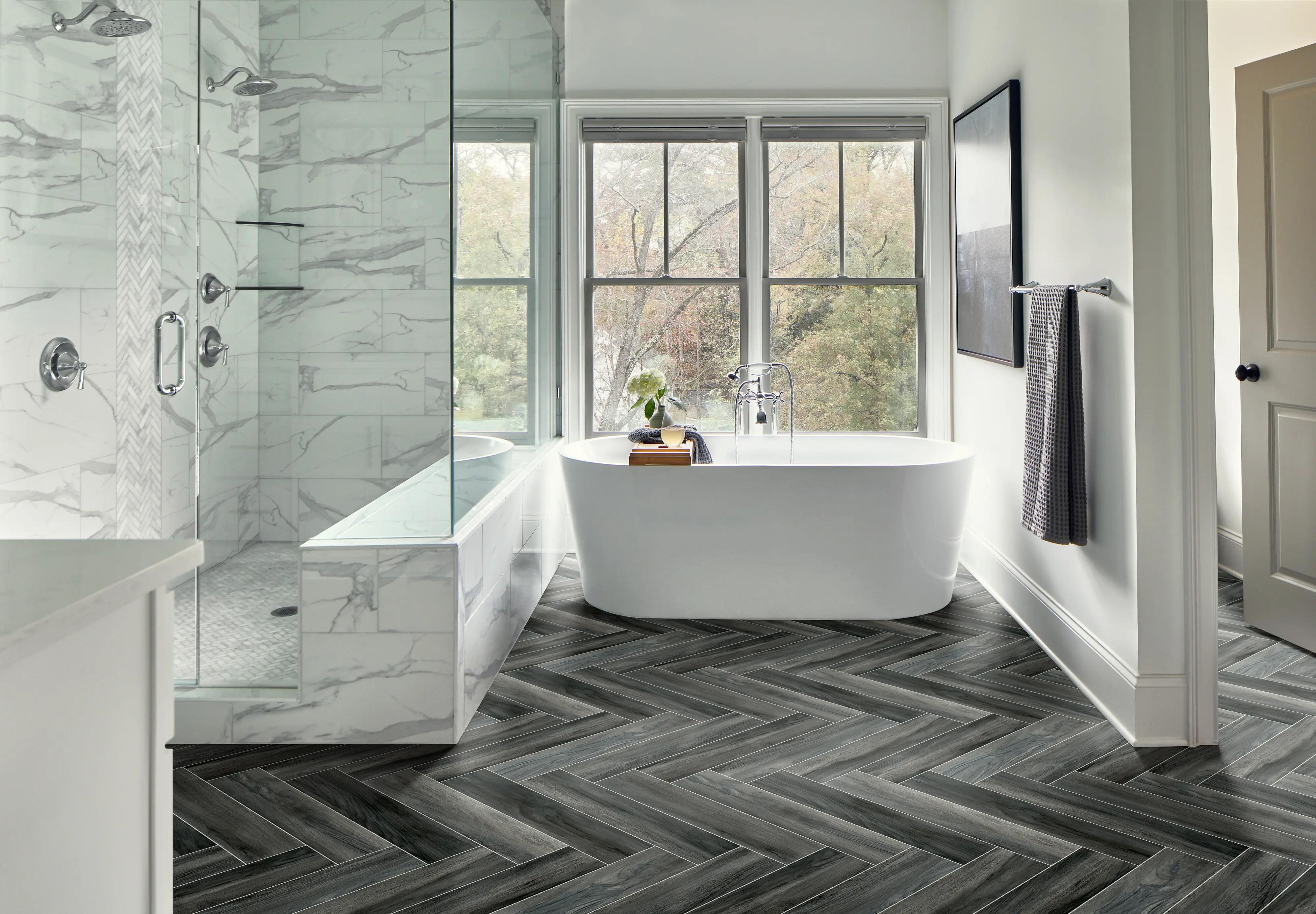 A bathroom with Beauflor US luxury vinyl roll flooring in velvet 996d