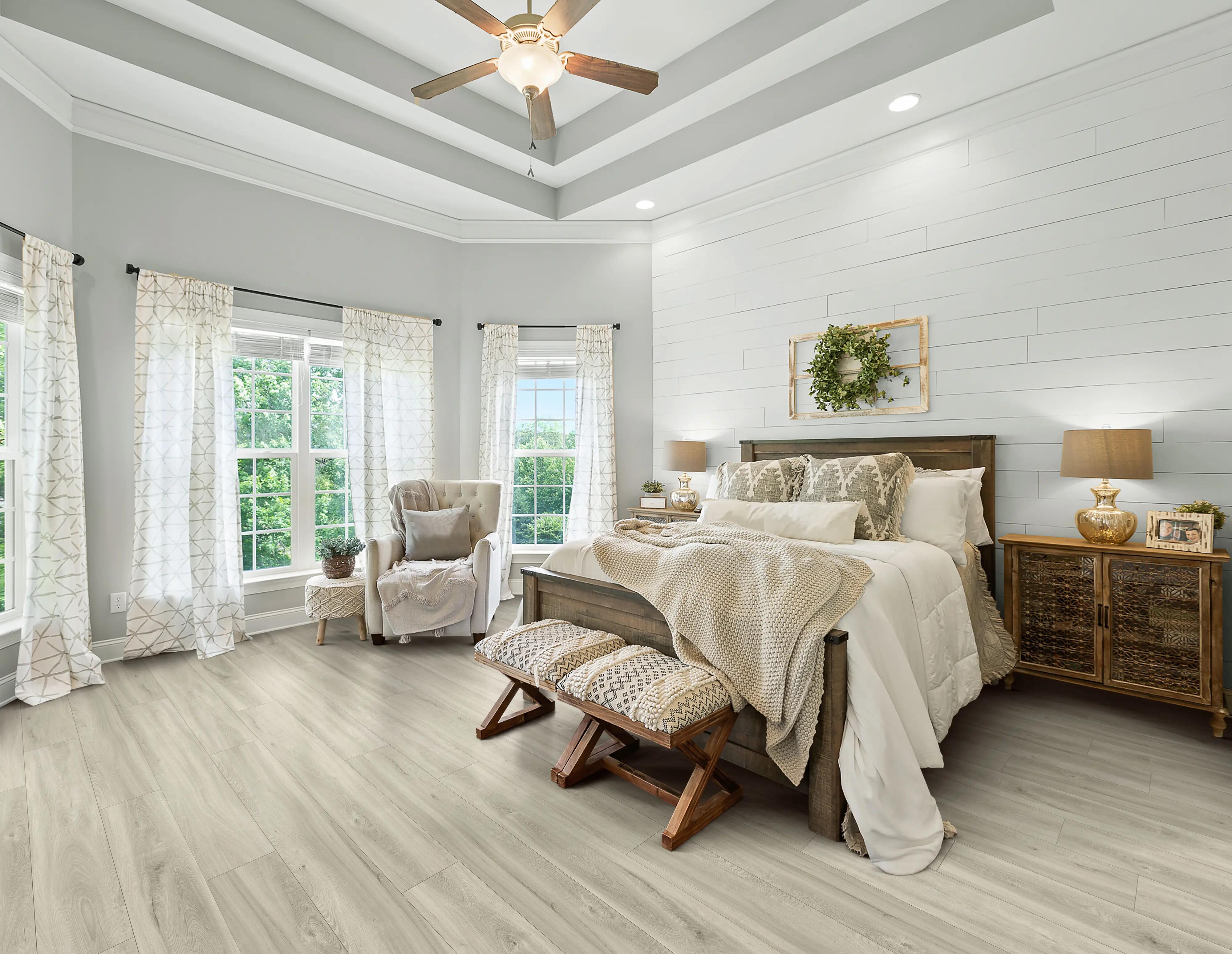 Bedroom with shiplap wall - bright and airy