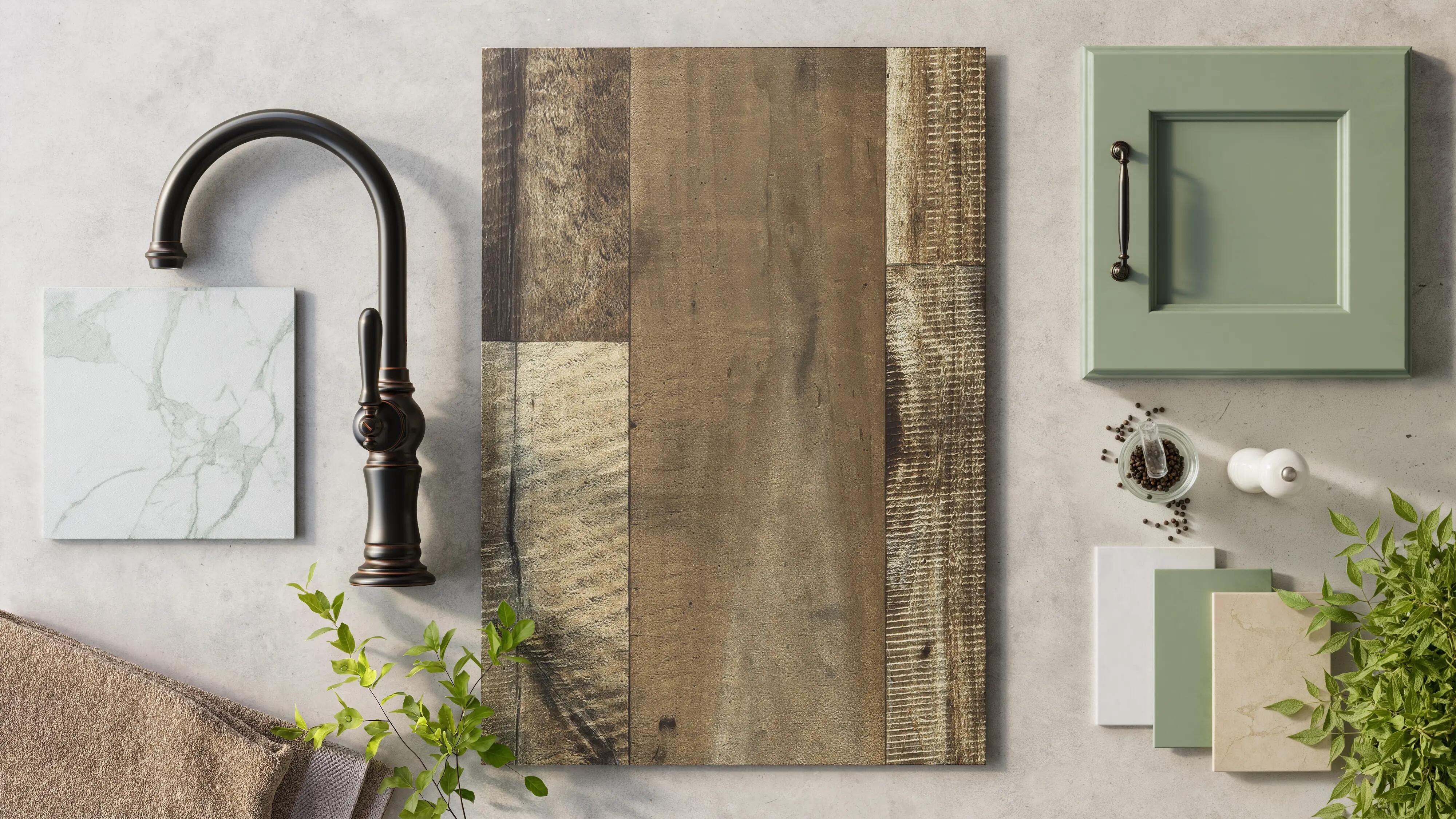 Flatlay with luxury vinyl roll and decorative items